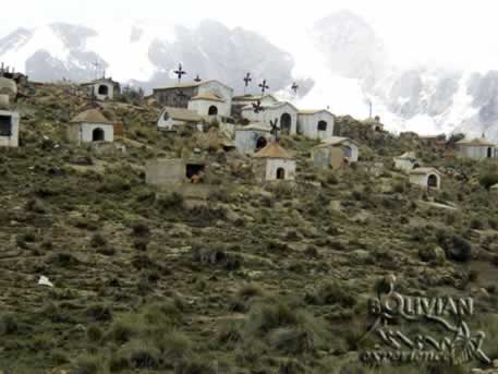 Old mining cemetery with the Huayna Potosi