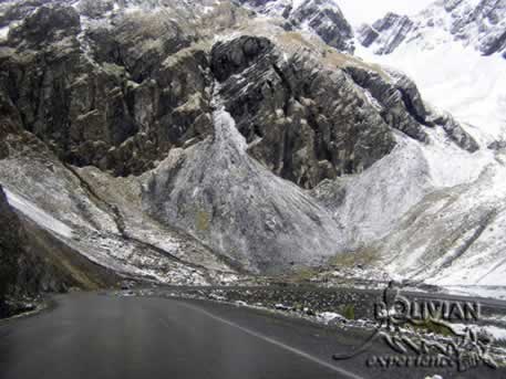 Road through Cordillera Real at Cumbre pass, La Paz, Bolivia