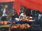 Indian woman at a meat stall, La Paz, Bolivia
