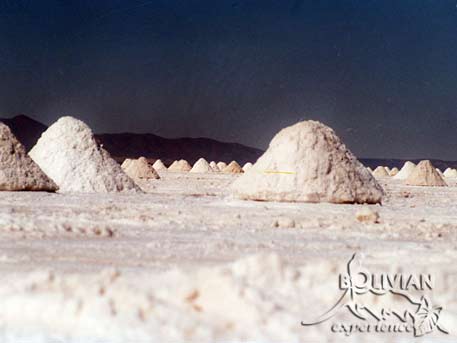 Salt piled into pyramids, manually scraped from the surface of Salar de Uyuni near the town of Colchani, Salar de Uyuni, Potosi, Bolivia