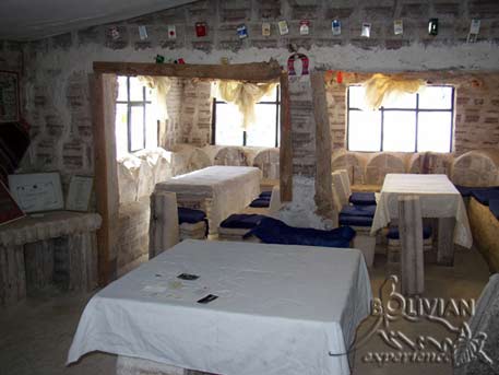 Dining room equiped with salt made furniture in the Salt Hotel on Salar de Uyuni, Bolivia