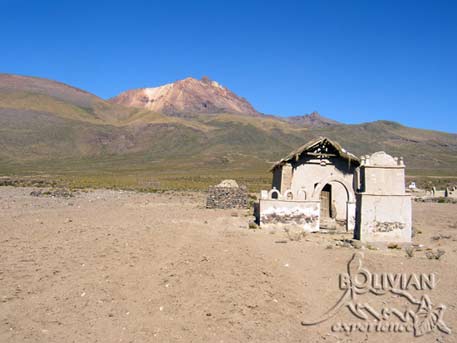 Small church at the village of  Colcaya  at the base of Volcano Tumupa (5250m - 17220f) at the northern shore of Salar the Uyuni, Bolivia