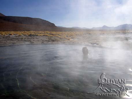 Solitary bath  after the morning rush hour at Polques hot springs   at the Laguna Salada (Salty Lagoon, Salar de Chalviri), Eduardo Avaroa National Reserve, Potosi, Bolivia