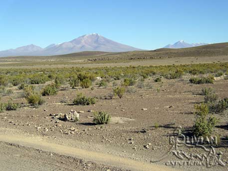 Ollagüe Volcano (5868 m – 19250 f) and Aucanquilcha Volcano (6176 m – 20260 f) in the background, on the way to the Eduardo Avaroa National Reserve, Bolivia