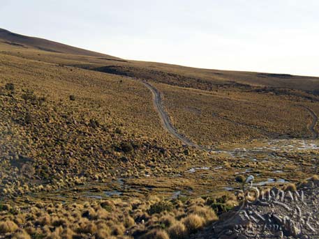 Road from Laguna Colorada to Villamar, crossing the Ojo Canchillas creek, Potosi, Bolivia