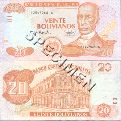 Bolivian Currency - Note of 20 Bolivianos